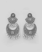 VOJ Silver Plated Oxidized Chandbali Earrings | Grocsy