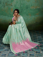 Shree Shyam Fashion Rama Green Linen Cotton Saree | Grocsy