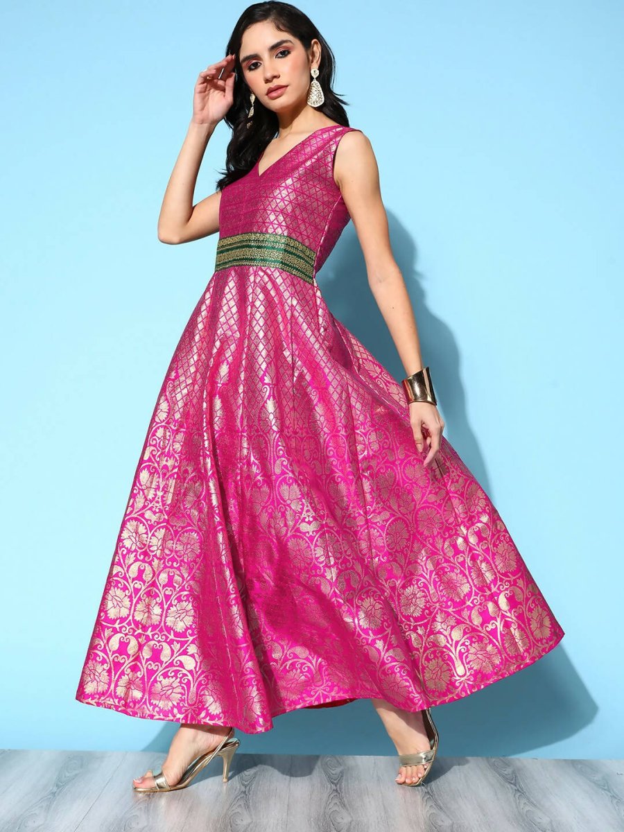 Ahalyaa Women Pink Poly Silk Gold Printed Dress | Grocsy