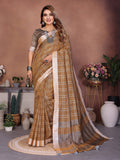 Anaita Coffee Weaving Linen Cotton Saree With Blouse | Grocsy