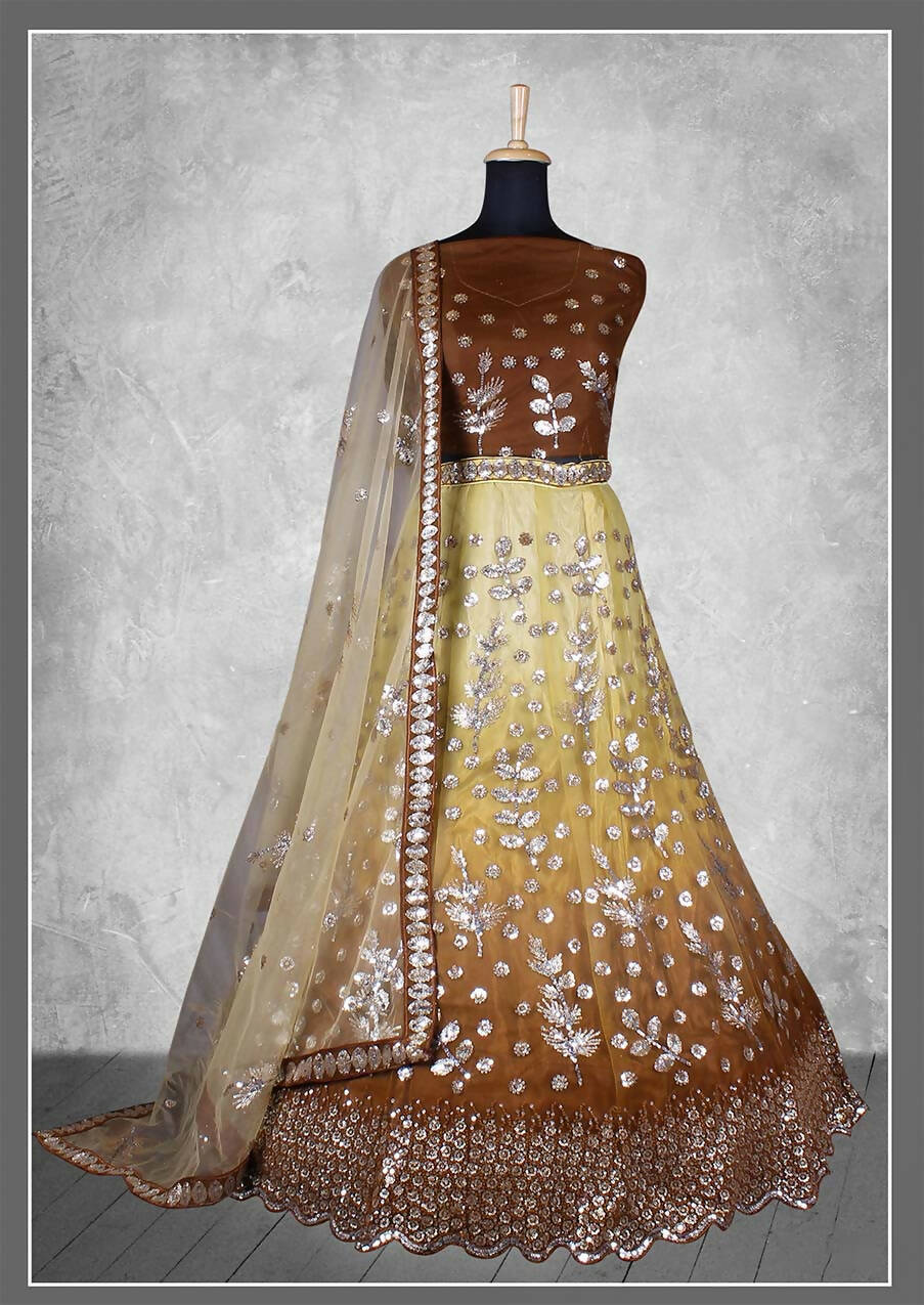 Brown Net Floral Sequins And Cord Embroidery, Cut Work Semi-Stitched Lehenga Choli - Nimaya Kangan | Grocsy