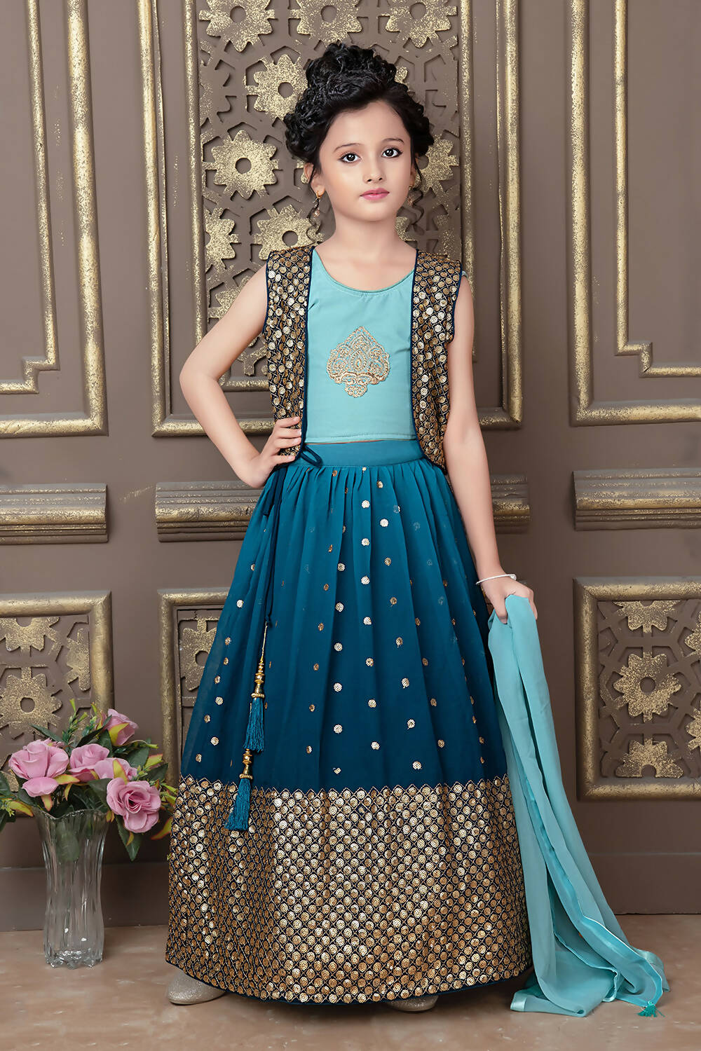 Kids Wedding Designer Rama Georgette Lehenga Choli - Aaradhna | Grocsy