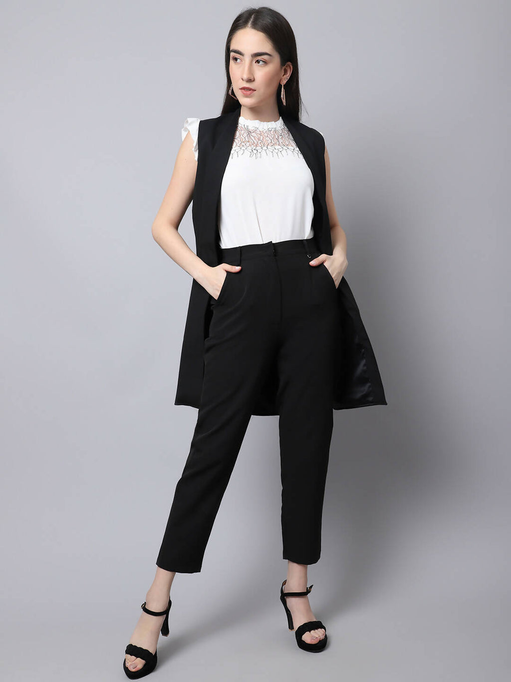 Even Apparels Black Polywool Open Front Women's Long Coat PW668 | Grocsy