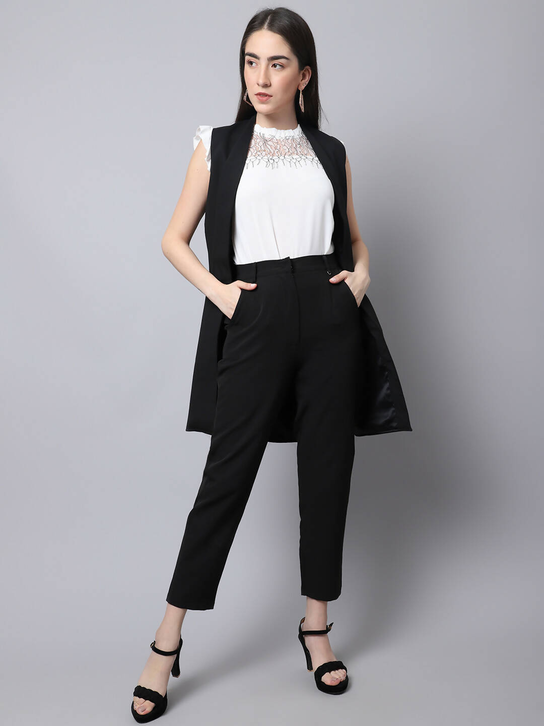 Even Apparels Black Polywool Open Front Women's Long Coat PW668 | Grocsy