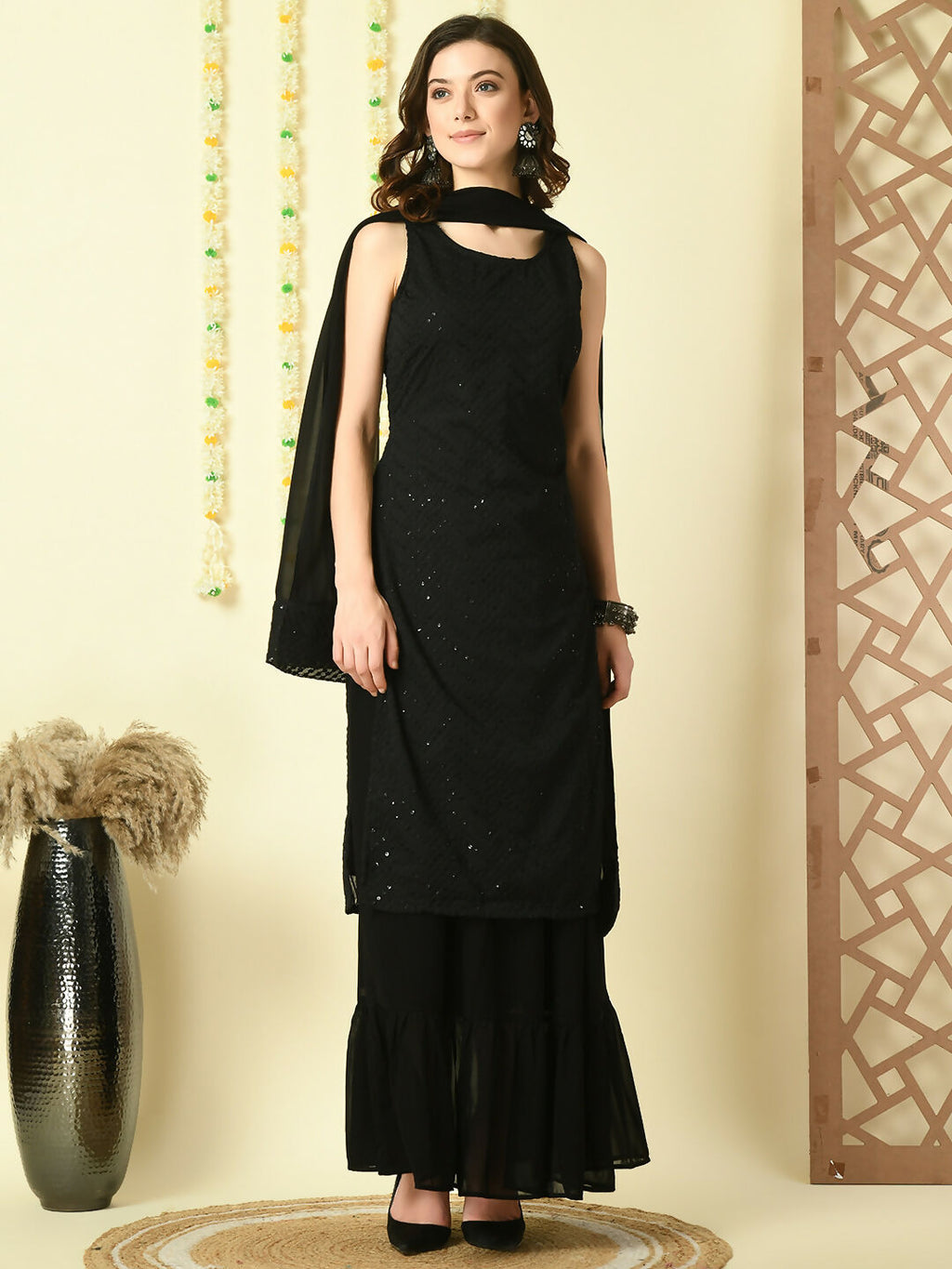 Myshka Women's Black Georgette Kurta & Skirt With Dupatta Party Sets | Grocsy