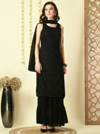 Myshka Women's Black Georgette Kurta & Skirt With Dupatta Party Sets | Grocsy