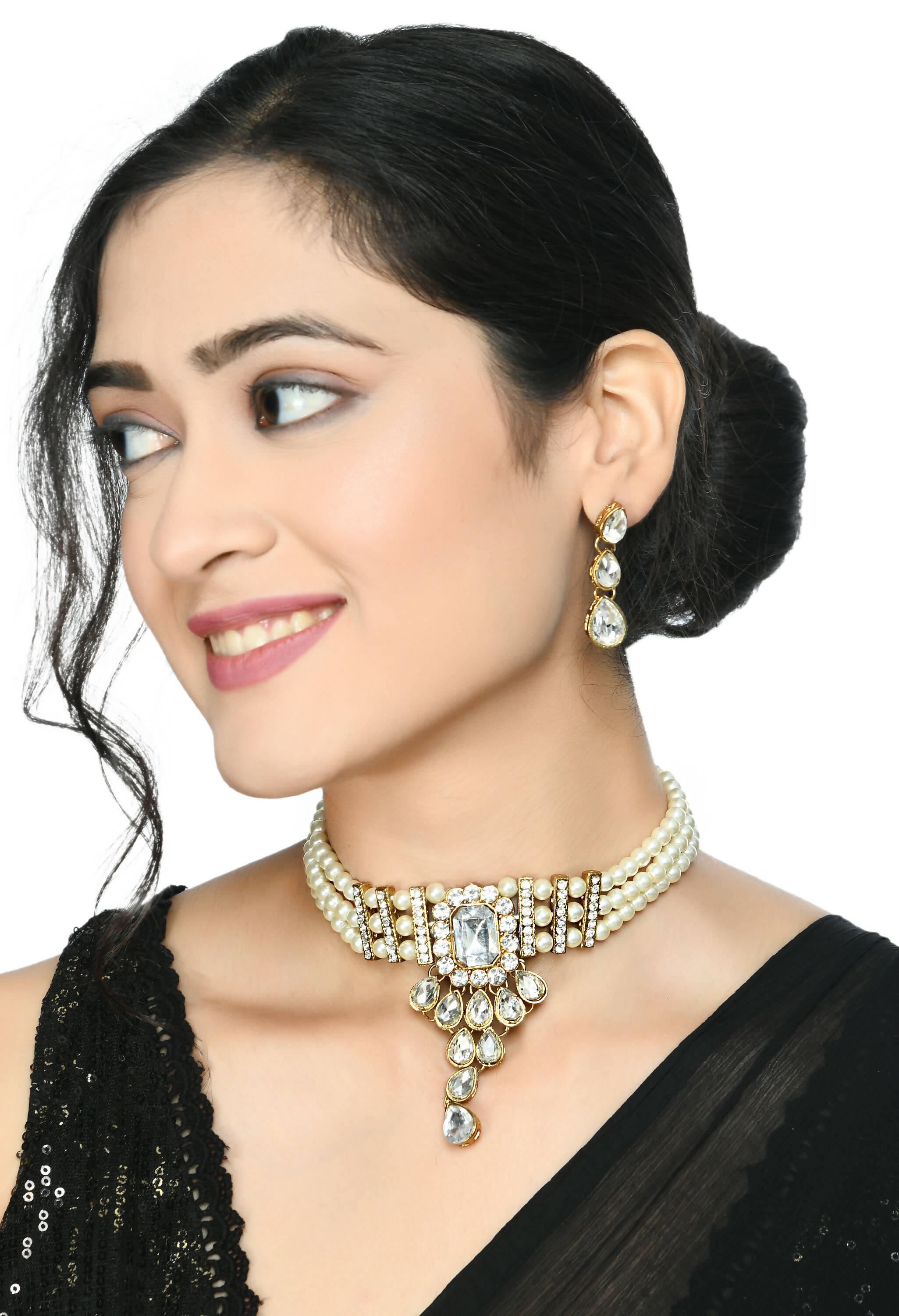 Mominos Fashion Johar Kamal Gold-Polished Brass Finish Kundan/Stone Choker For Women (White) | Grocsy