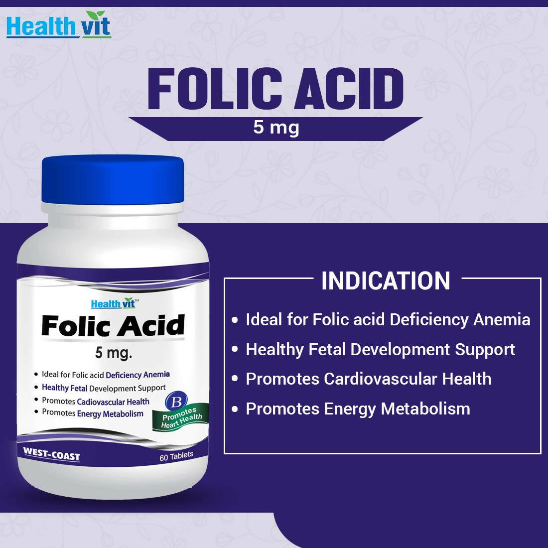 Healthvit Folic Acid 5mg Tablets for Folic acid | Grocsy