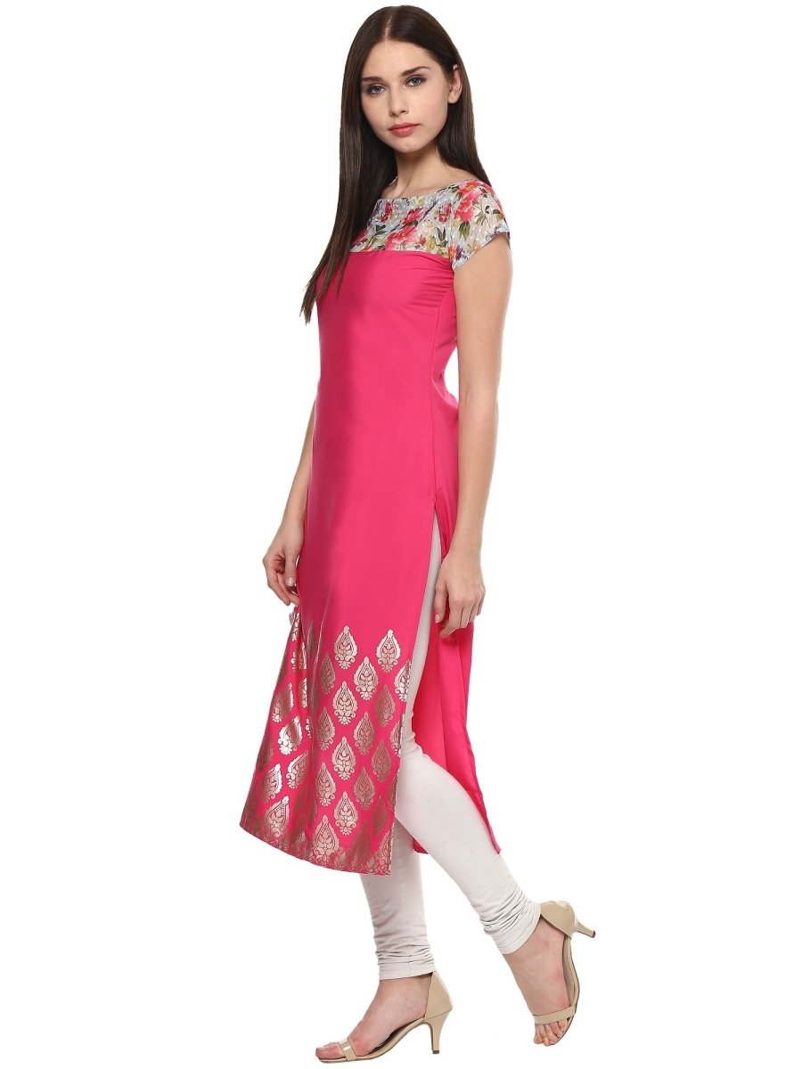 Ahalyaa Women's Pink Chanderi Printed Kurta | Grocsy