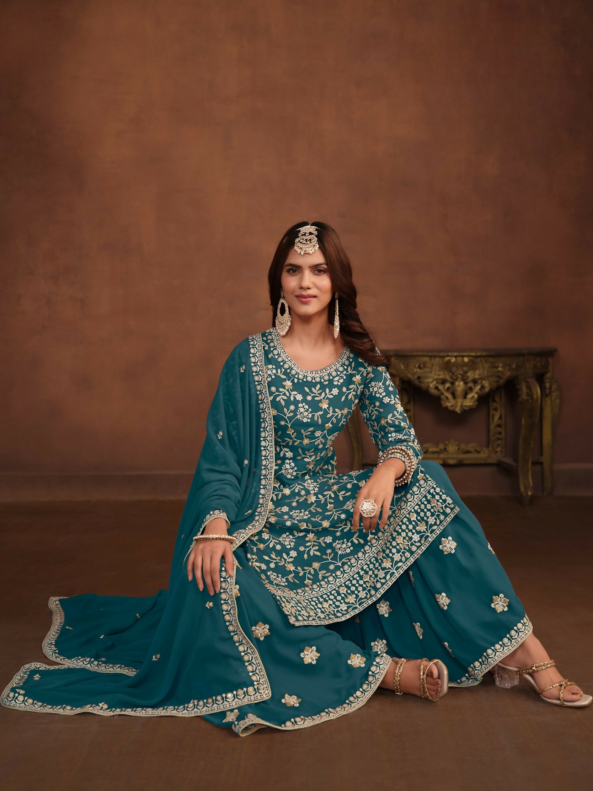 Anaita Teal Embroidered Faux Georgette Salwar Suit | Grocsy