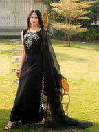 Nikhaar Black Embroidered Art Silk Stitched A Line Kurta Palazzo Dupatta Readymade Suit | Grocsy