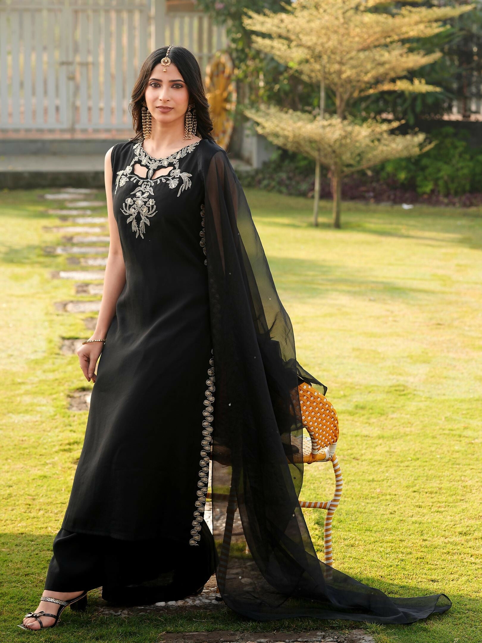 Nikhaar Black Embroidered Art Silk Stitched A Line Kurta Palazzo Dupatta Readymade Suit | Grocsy