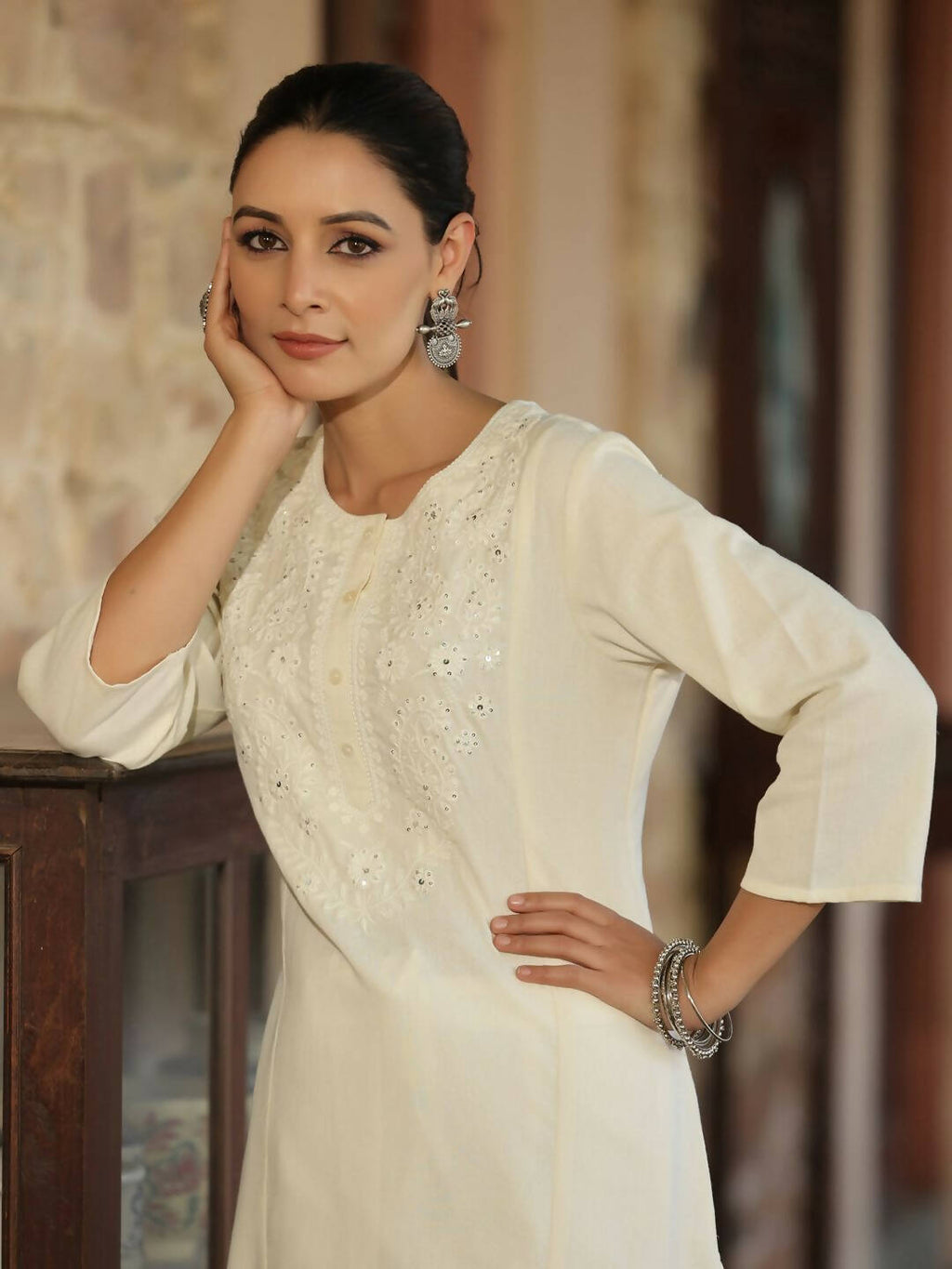 Juniper Women's Offwhite Cotton Flex Embroidered Straight Kurta | Grocsy