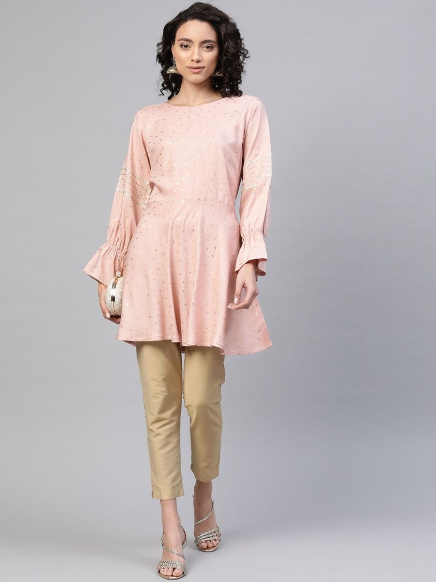 Ahalyaa Women Pink Rayon Golden Ethnic Print Tunic | Grocsy