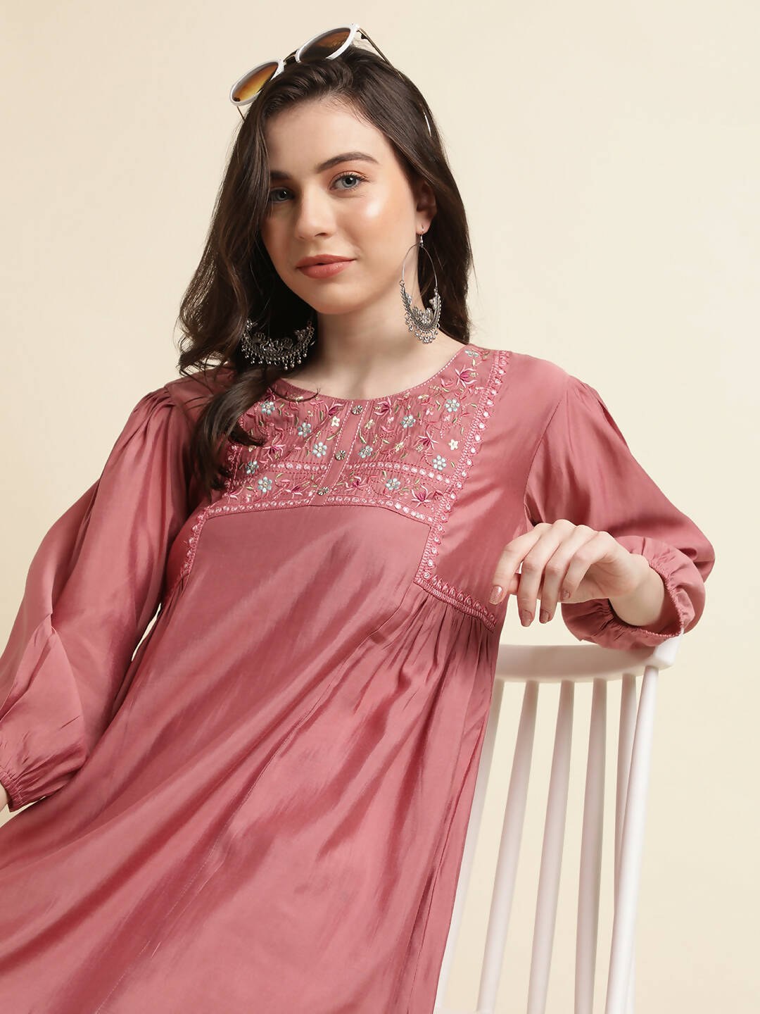 Pink Chinon Yoke Embroidered A-line Top - Tarini | Grocsy