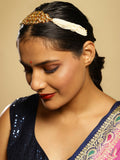 Gold-Polished White Kundan-Studded Pearl Beaded Hair Band - Ruby Raang | Grocsy