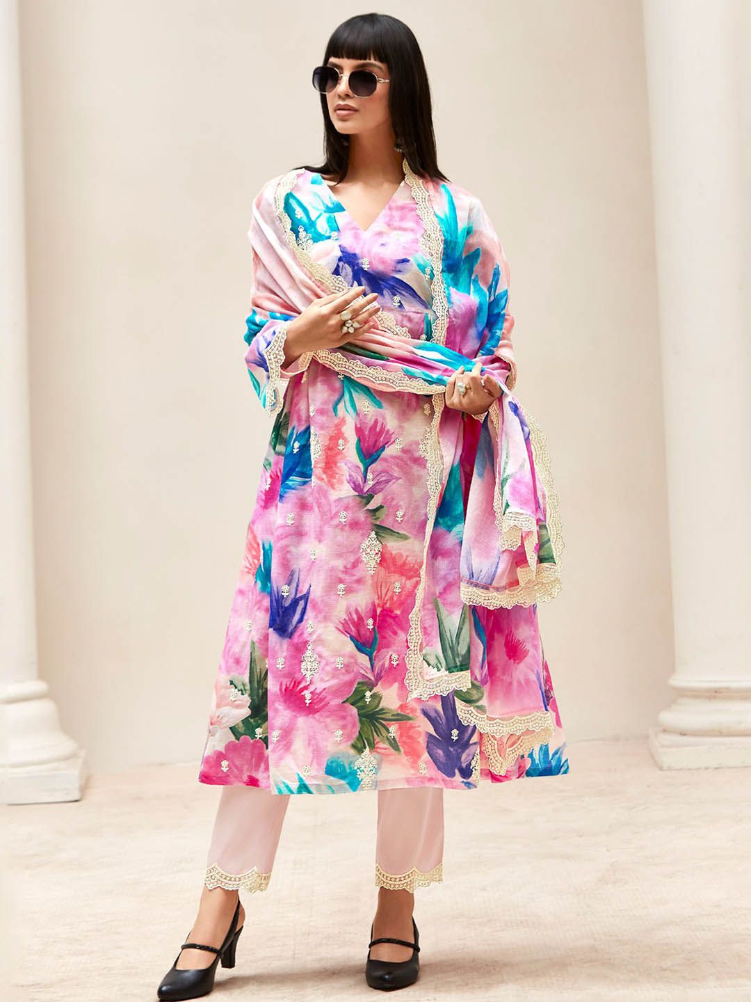 Indo Era Women Floral Embroidered Regular Thread Work Kurta with Trousers & With Dupatta | Grocsy