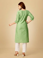 Jyoti Fashion Women's Lime Green Cotton Blend Embroidered Kurta Pant Set | Grocsy