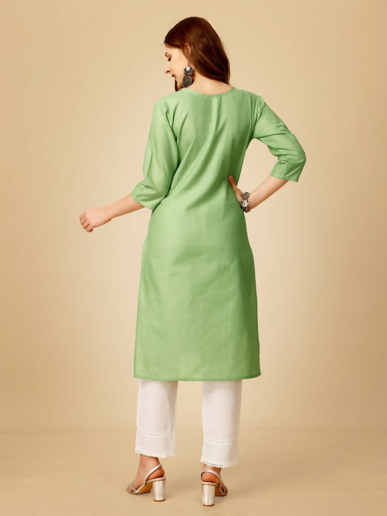 Jyoti Fashion Women's Lime Green Cotton Blend Embroidered Kurta Pant Set | Grocsy