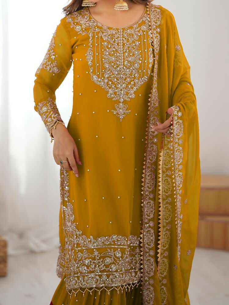 Lehenga Mart Designer Sharara Suit With Kurta, Sharara, Dupatta For Women-Yellow | Grocsy