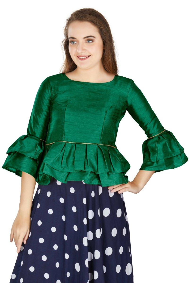 Aastha Fashion Women's Green Art Silk Bell Sleeves attire with Poly Cotton Lining Blouse | Grocsy