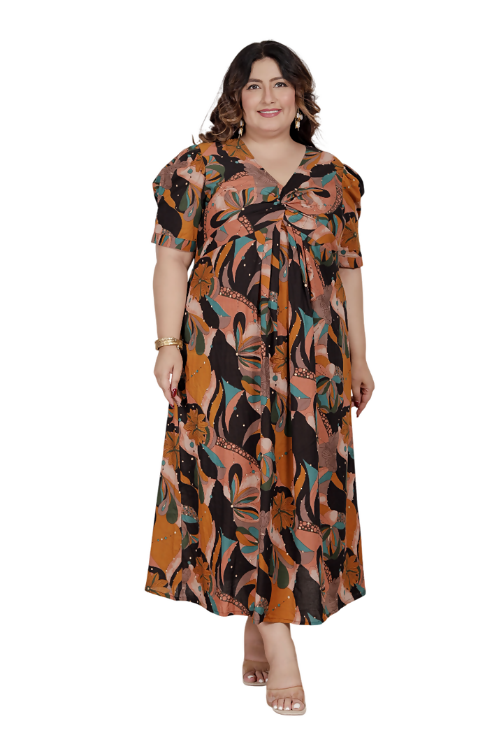 Miravan Womens Plus Size Pure Cotton Black Puff Sleeve Floral Printed Butterfly Maxi Dress | Grocsy