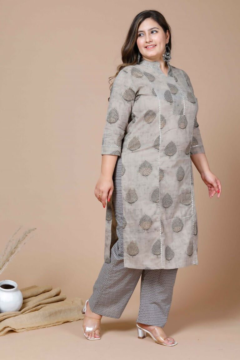Miravan Women's Plus Size Beige Printed Gota Patti Pure Cotton Kurta With Palazzo | Grocsy