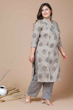 Miravan Women's Plus Size Beige Printed Gota Patti Pure Cotton Kurta With Palazzo | Grocsy