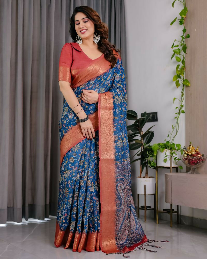 PR Fashion Blue Pure Handloom Linen Saree | Grocsy