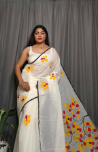 Exclusive Collection Beautiful White Yellow Pure Cotton Hand Print Handloom Saree With Running Blouse Piece | Grocsy