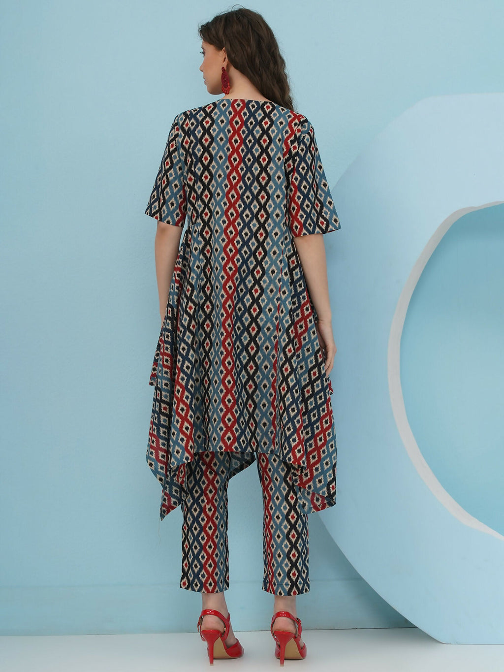 Joban Fashion Ikkat Printed Co Ord Set - Blue Red | Grocsy