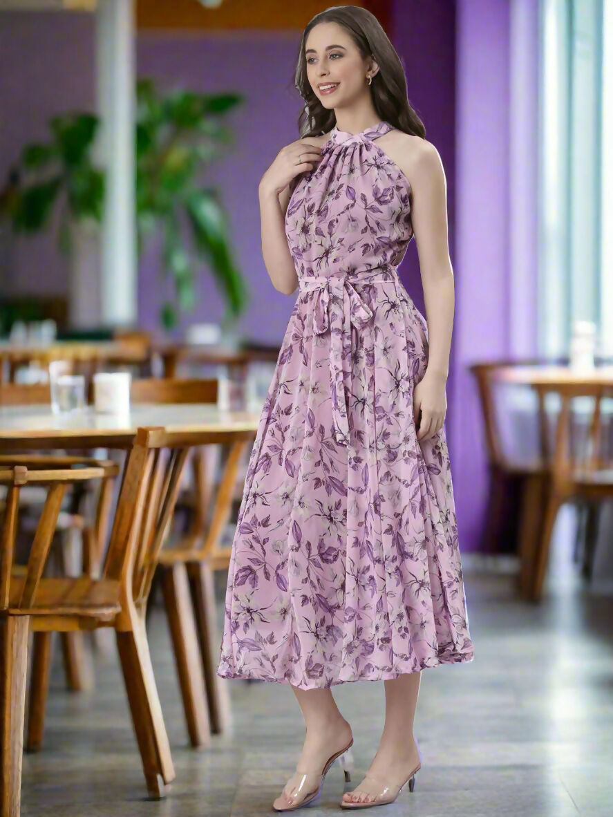 Souchii Lavender Floral Chiffon Dress -Souchii | Grocsy