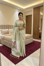 Vastranavya Pista Linen Cotton Meenakari Weaving Pallu Saree with Contrast Blouse | Grocsy