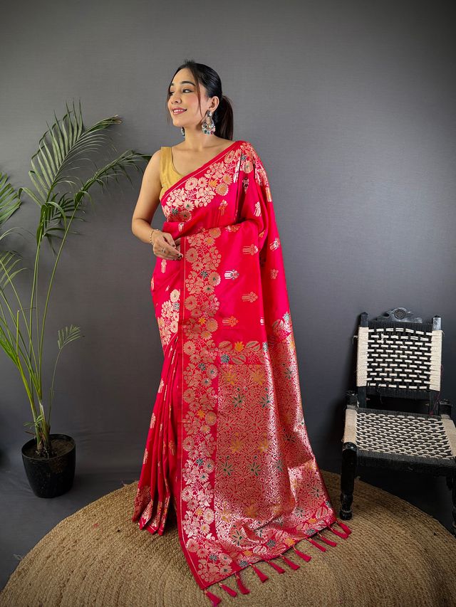 Elora Pink Soft Silk Floral Zari Weaving Meenakari Saree With Floral Border | Grocsy