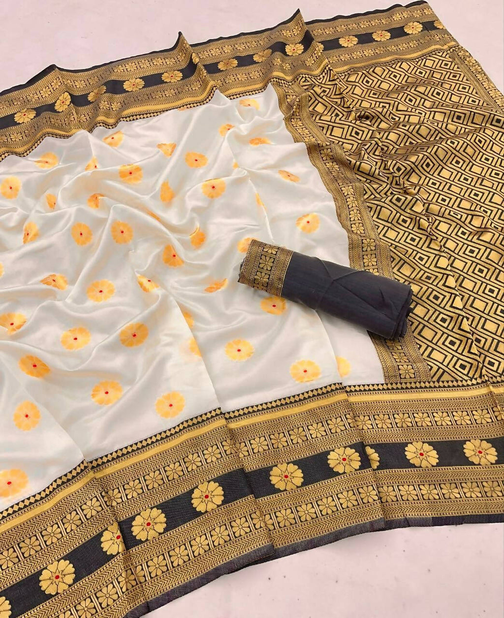 DEIANA'S Beautiful Designer Golden zari Soft Lichi Silk Saree - Cream | Grocsy