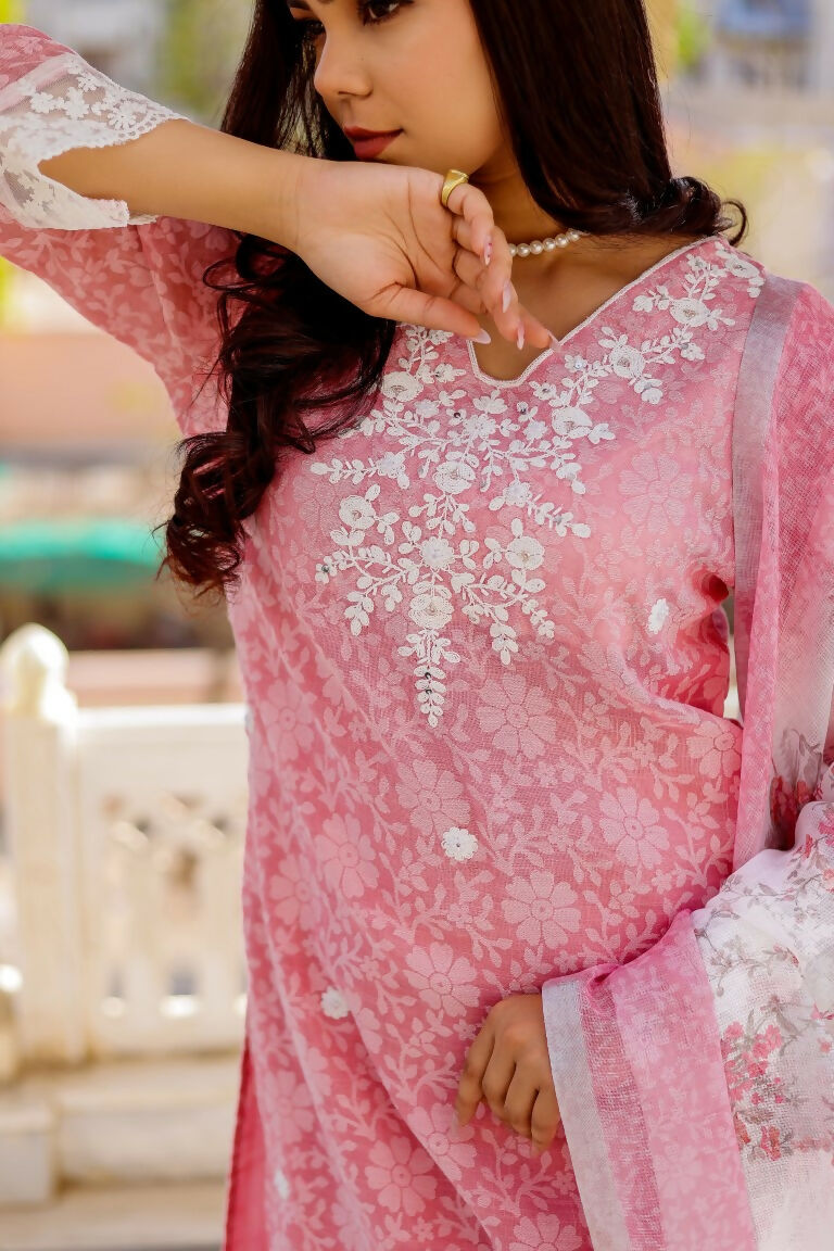 Vaasva Women Candy Pink Linen Printed Kurta, Pant & Dupatta set | Grocsy
