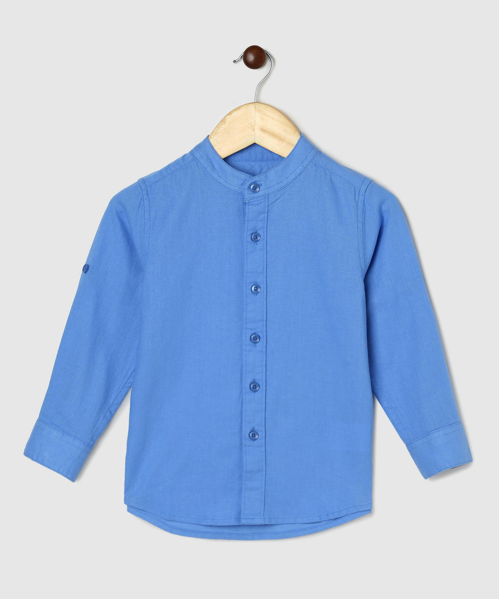 Manet Boys Mandarin Collar Full Sleeves Melange Shirt - Light Blue | Grocsy