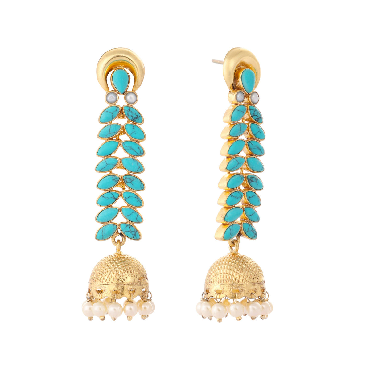 Nuyug 22K Gold Plated Pearl & Turquoise Stone Studded Contemporary Shaped Jhumkas | Grocsy
