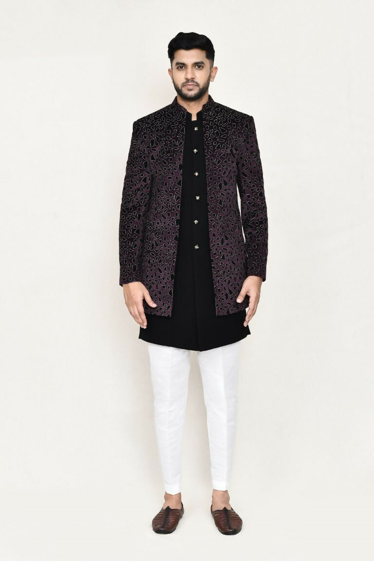 Joban Fashion Black Colored Velvet Based With Aplics Fabric Open Jacket, Indo Western With Pant | Grocsy