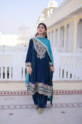 Teeya Creation Womens New Rama Velvet With Rich Zari Coding Embroidered Work Kurta Pant Dupatta Set | Grocsy