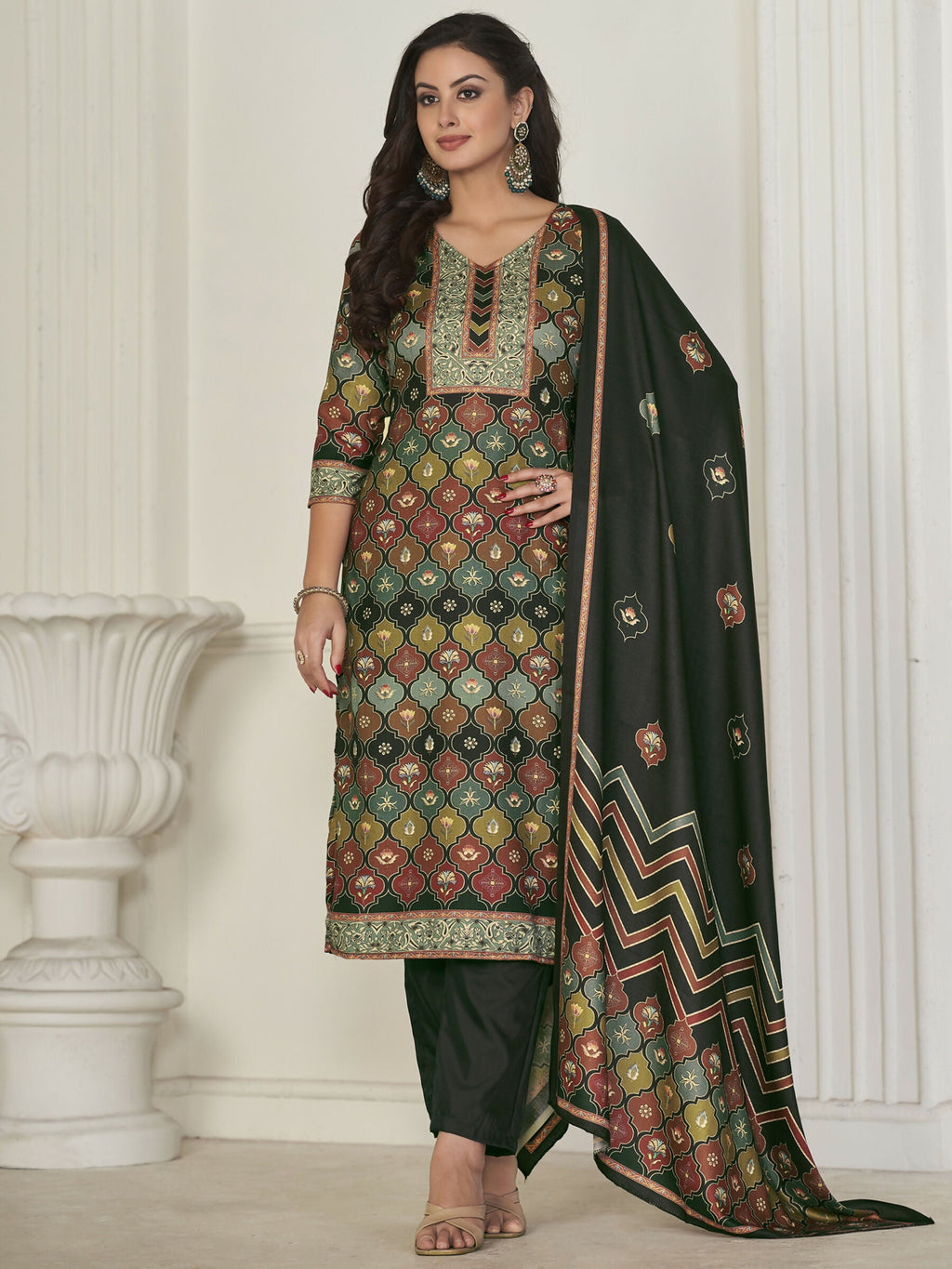 Jyoti Fashion Women's Multicolor Pashmina Digital Printed Kurta with Trouser & Dupatta | Grocsy