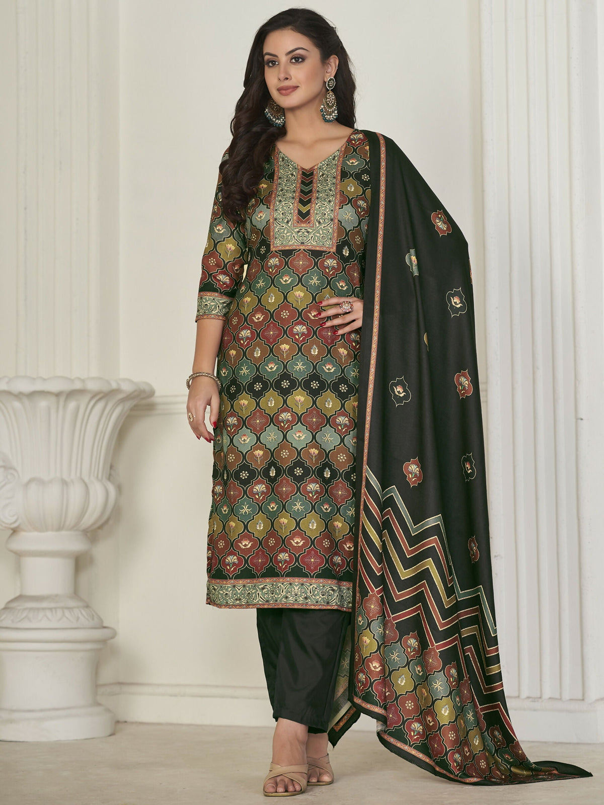 Jyoti Fashion Women's Multicolor Pashmina Digital Printed Kurta with Trouser & Dupatta | Grocsy