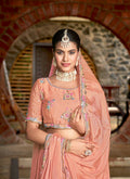 Peach Chinon Crushed Sequence and Thread Embroidery Work Lehenga Choli with Dupatta - Viharini | Grocsy
