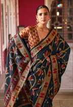 Monjolika Fashion Silk Blend Navy Blue Printed Saree | Grocsy