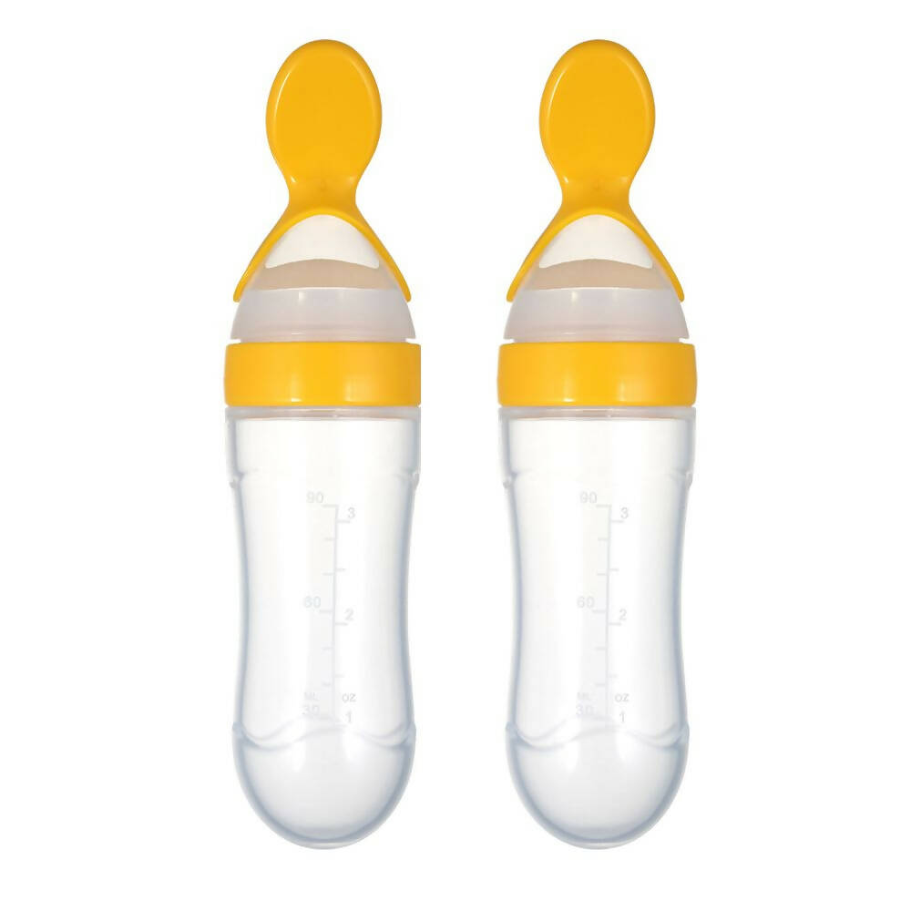 Safe-O-Kid Easy Set of 2 Squeezy Silicone Food Feeder Spoon (Soft Tip) Bottle- Yellow- 90mL | Grocsy