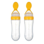 Safe-O-Kid Easy Set of 2 Squeezy Silicone Food Feeder Spoon (Soft Tip) Bottle- Yellow- 90mL | Grocsy