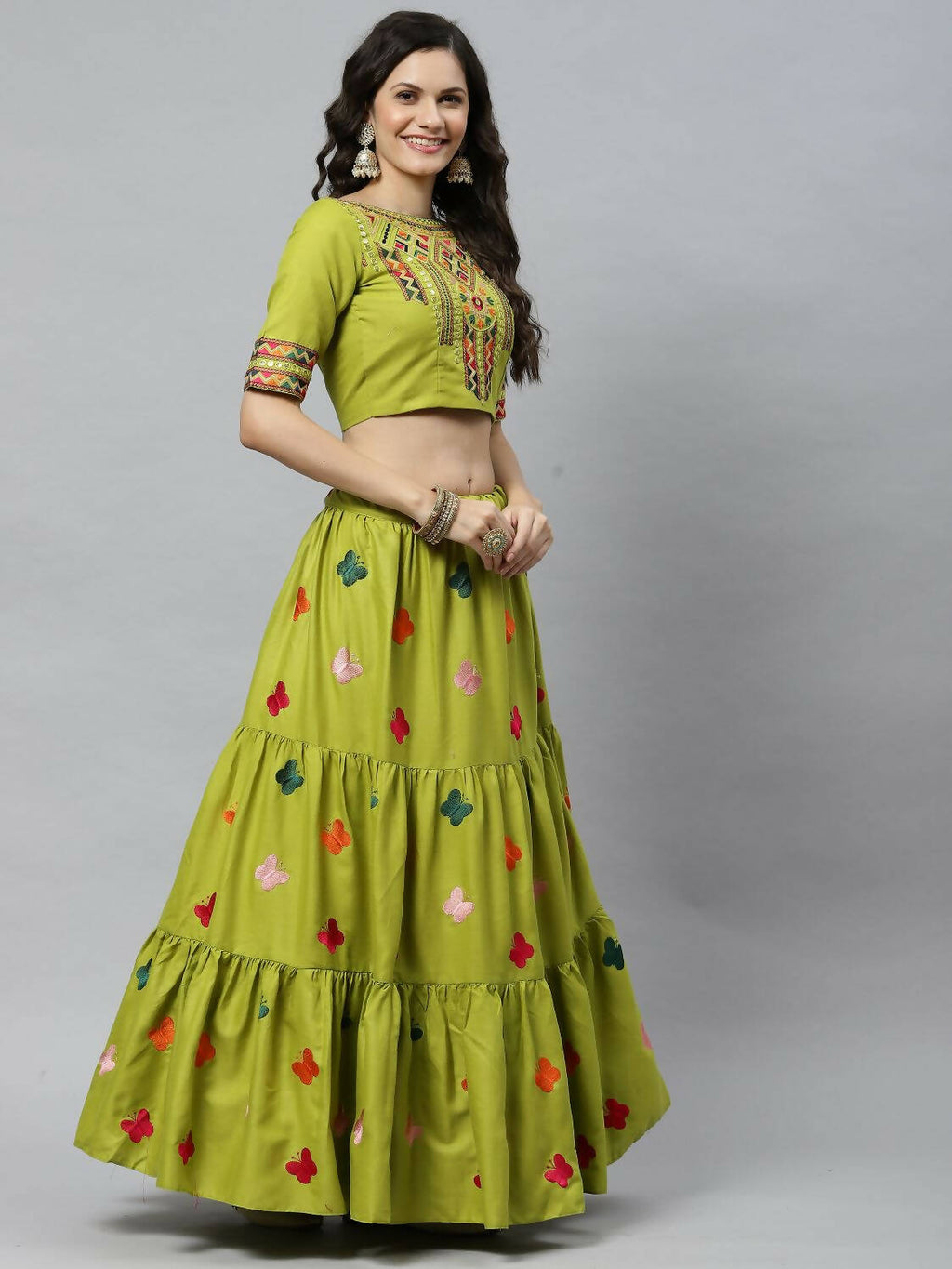 Green Cotton Embroidered Work Lehenga Choli with Dupatta - Jivika | Grocsy