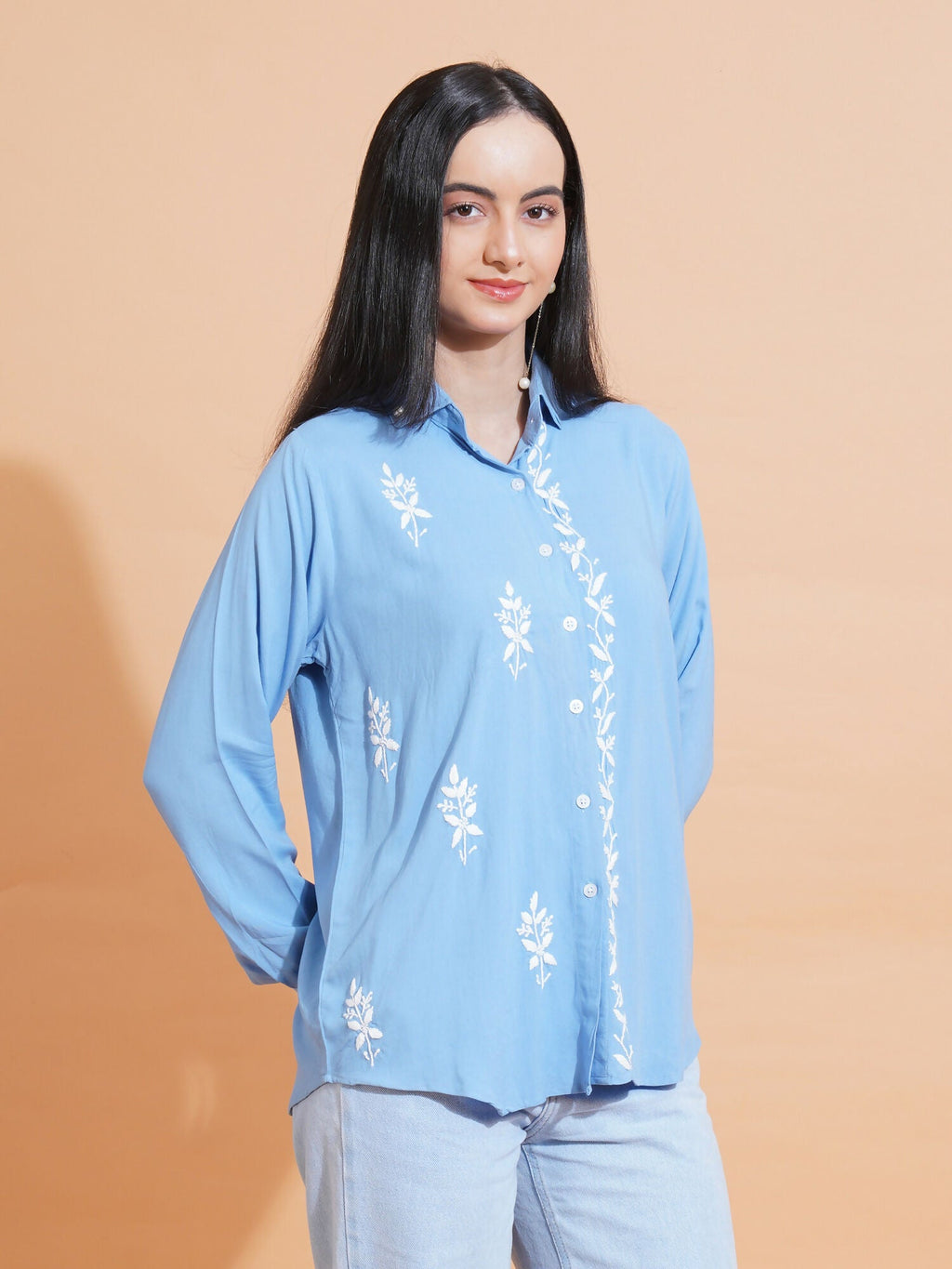 Pahnaz Modal Chikankari Handwork Shirt-Blue | Grocsy