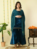 Myshka Women's Teal Velvet Kurti & Sharara With Dupatta Party Sets | Grocsy