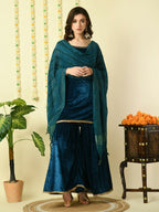 Myshka Women's Teal Velvet Kurti & Sharara With Dupatta Party Sets | Grocsy